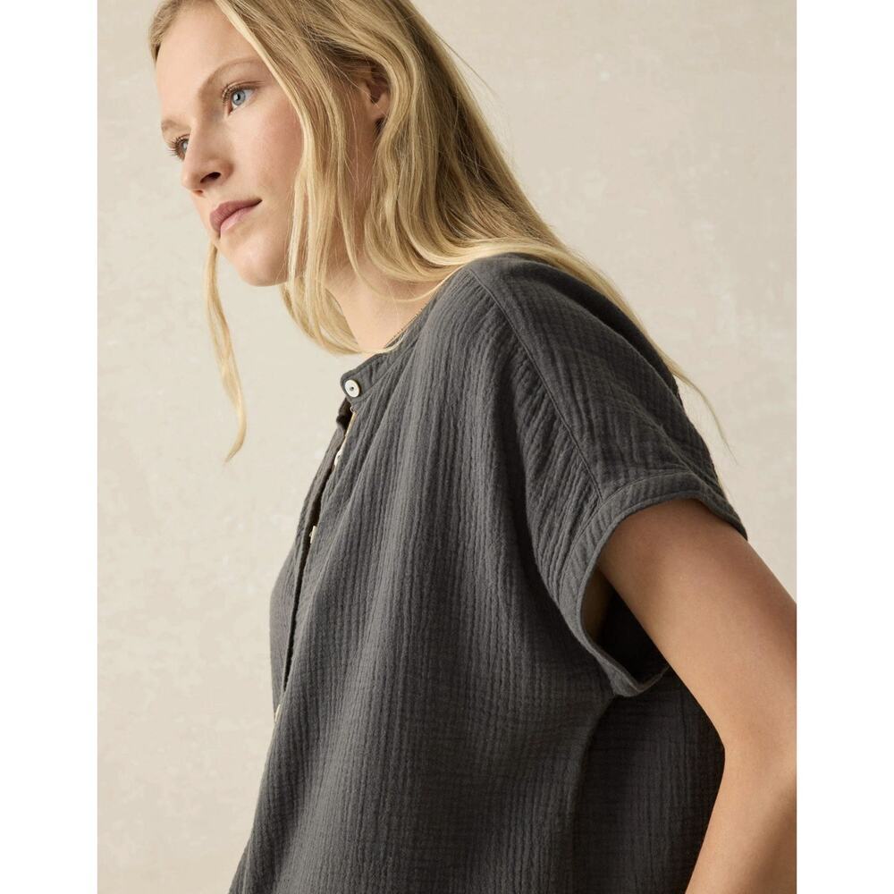 FAHERTY Dream Organic Cotton Double Gauze Desmond Blouse Washed Black Top M - Picture 3 of 8
